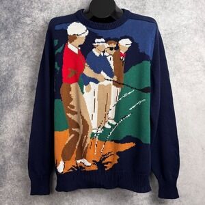 Hathaway Hand Intarsia Men's Knit Sweater Golf Scene Double Sided Medium Vintage